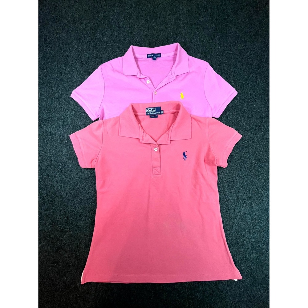 Y2K Lot of 2 Polo Ralph Lauren Polo Shirt Women Medium Pink Side Slit Custom Fit